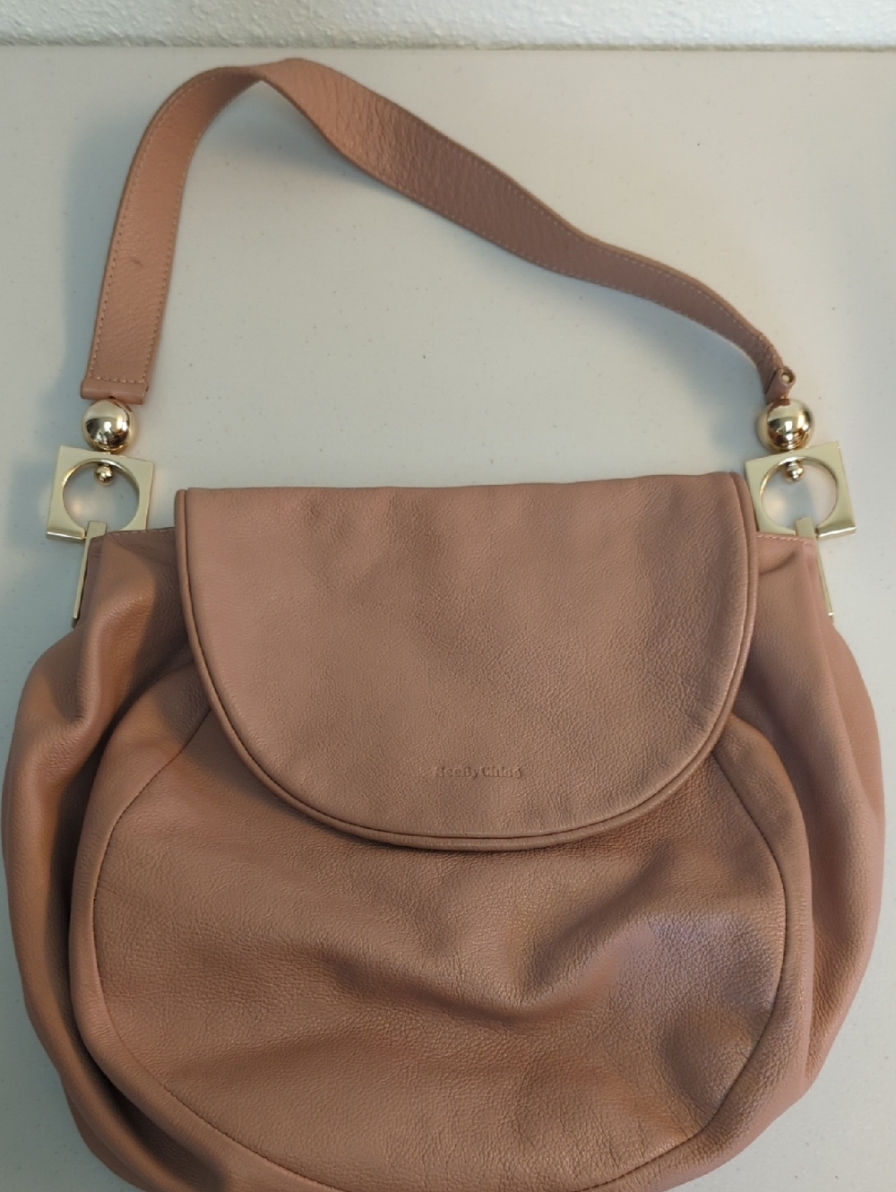 See By Chloe Dusty Pink Pebbled Leather Shoulder Bag with Gold Accents